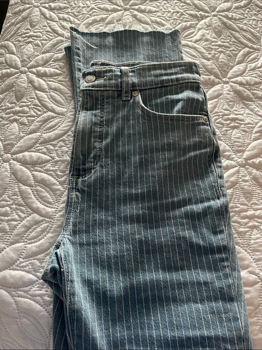 LOFT Light Blue Pinstripe High-Rise Flare Jeans